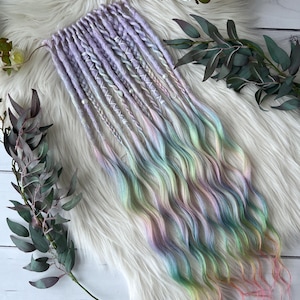 Pastel Rainbow Dreadlocks with Loose Wavy Ends – Handmade Soft Dreads | Ombre from Lilac to Pastel, Fairycore Hairstyle