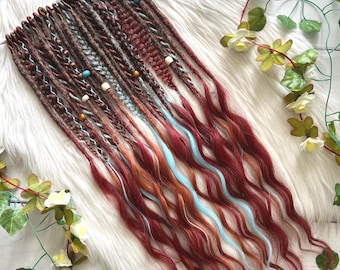 Burgundy Brown Dreadlock Set, Copper Blue Boho Dreads, DE SE Extensions Wavy Ends