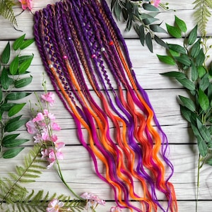 Sunset Ombre Dreadlock Extensions — Purple, Orange & Pink Kanekalon SE Dreads, Boho Synthetic Festival Hair, Handmade Braids