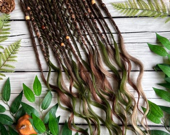 Handmade Green Forest Ombre Dreadlock Extensions: Boho Wavy Ends