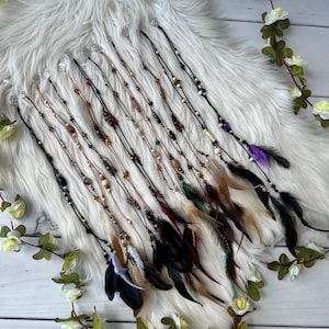 Feather Hair Charm for Dreads & Braids – Boho Beaded Hair Accessory – Handmade Dreadlock Pendant – Adjustable Wrap with Natural Feathers