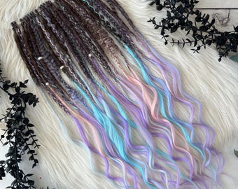 Brown Pastel Dreadlock Extensions, Lilac Blue Pink Wavy Ends