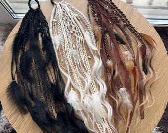 Boho Hair Tie with Curls and Feathers, Dreadlock Ponytail Scrunchie, Braided Hair Accessory