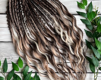 Natural Brown Dreadlock Extensions, Blonde Wavy Boho Dreads, Synthetic Kanekalon SE DE Set