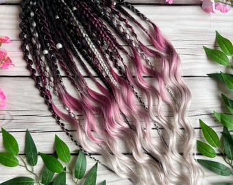 Ombre Dreadlock Extensions in Black, Grey & Rose – Wavy Ends