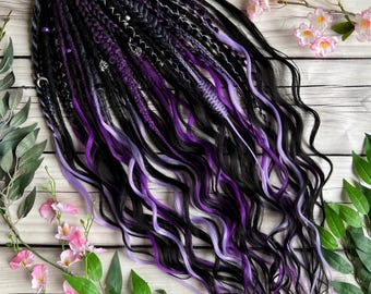 Black Purple Dreadlock Extensions, Wavy Synthetic Dreads, Gothic Boho SE DE Dreadlocks