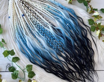 Ice Blue Ombre Dreadlock Set – White to Navy Wavy Synthetic Dreads (Kanekalon)
