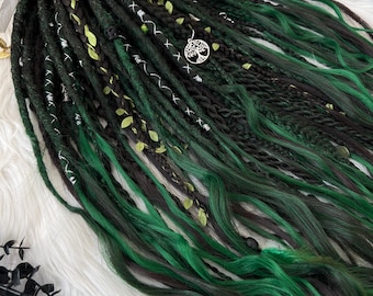 Forest Green Brown Dreadlock Set with Braids, Beads, Feathers, Leaves Fairycore, Witchy Dreads
