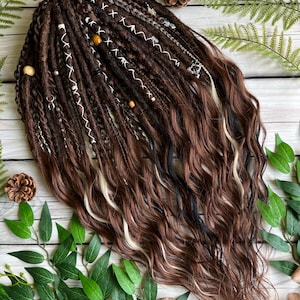 Warm Brown Dreadlock Set with Blonde and Black Accents – Boho Synthetic Dreads – Double Single Ended Dreads Braids and Curls
