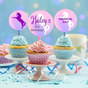 Unicorn birthday cupcake topper template, unicorn cupcake toppers, cupcake topper, rainbow unicorn birthday girl, DIY unicorn party, BP004