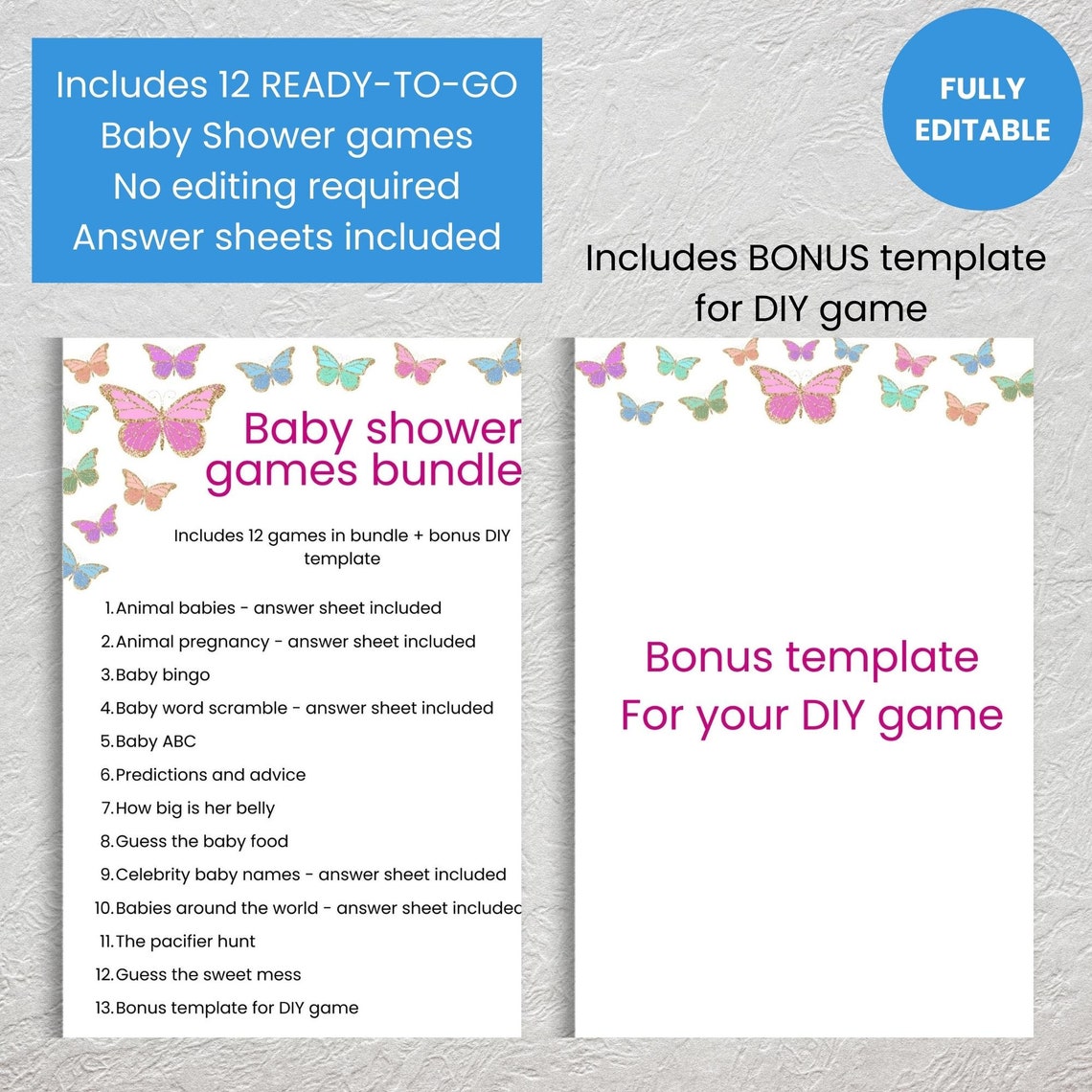 Butterfly Baby Shower Games Bundle, Editable Baby Shower Games Bundle, Little Butterfly on the