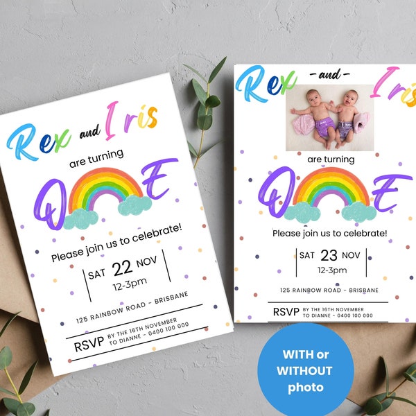 Rainbow TWINS FIRST BIRTHDAY invitation template, rainbow one birthday party, rainbow one digital invite, twins first birthday, BP009