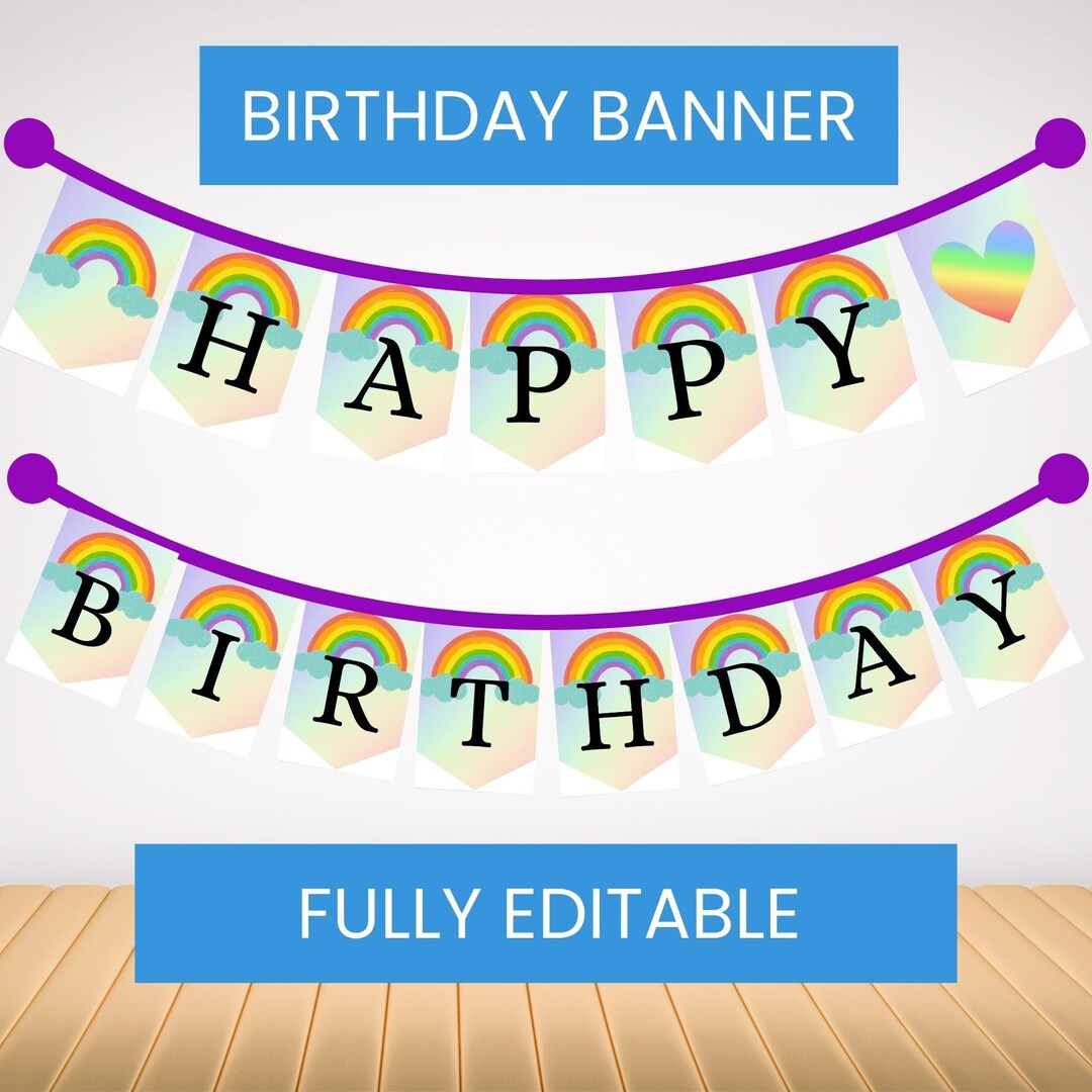 Rainbow Birthday Party Banner Template, Editable Rainbow Birthday ...