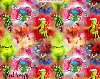 May include: A fabric pattern featuring the Grinch, Cindy Lou Who, and Max the dog in a watercolor style. The design includes candy canes, Christmas trees, and text reading 'Welcome to Who-ville'. A ruler shows a 5-inch measurement on the print.