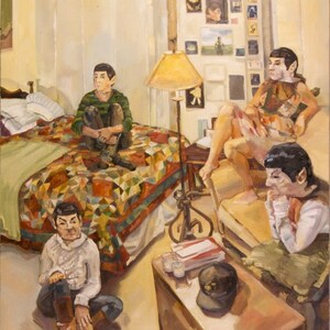 May include: A painting of a room with four people in it. The room has a bed with a colorful quilt, a wooden chest, and a lamp. The people are all wearing different clothes and are sitting or standing in different positions.