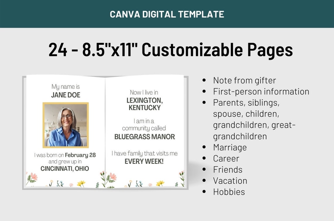 Women's Dementia Memory Book Editable Template for Canva Etsy