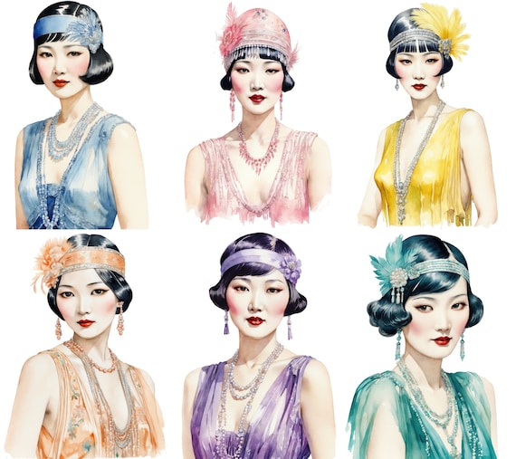 12 1920s Asian Flapper Girl Watercolor Clipart Pictures