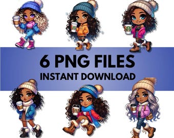 6 Schwarze Mädchen Winter Kaffee Chibi Clipart Bilder Schwarze Mädchen Clipart Hohe Auflösung 300 DPI Ideal für Journale Tassen Aufkleber T-Shirts Kissen