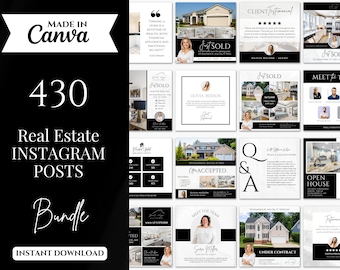 430 Real Estate Instagram Posts | Real Estate Social Media Templates | Real Estate Marketing | Realtor Social Media Posts | Black and white