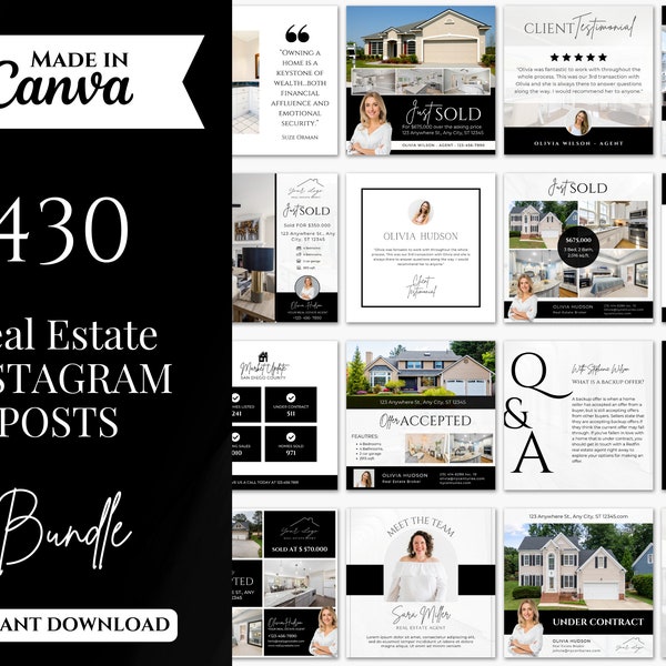 430 Real Estate Instagram Posts | Real Estate Social Media Templates | Real Estate Marketing | Realtor Social Media Posts | Black and white