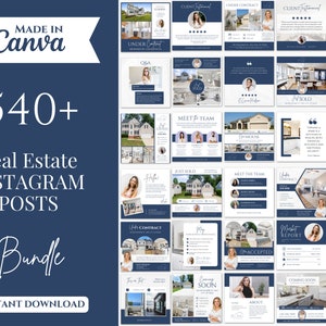 May include: A collage of 540+ real estate Instagram post templates. The templates feature a blue and white color scheme with images of houses, real estate agents, and text overlays. The text includes phrases like "Just Sold", "Meet the Team", "Under Contract", and "Coming Soon".