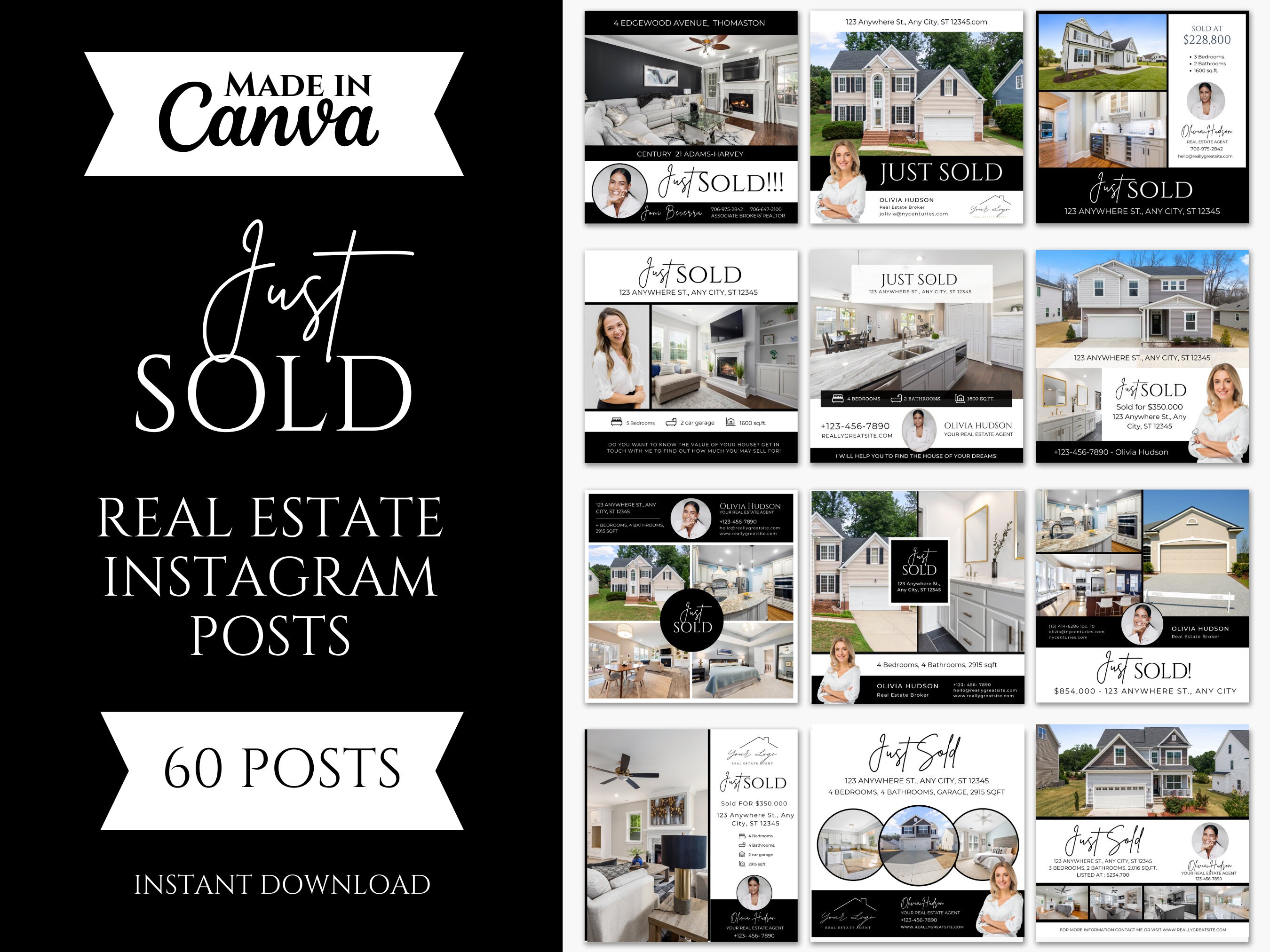 Real Estate Instagram Post Templates: Just Sold, Canva (60 Posts)