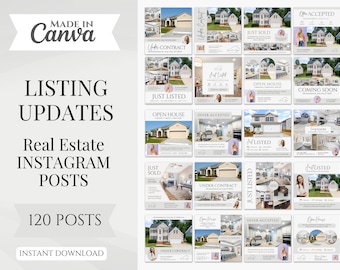 May include: A collection of 120 customisable Instagram post templates for real estate agents. The templates feature various real estate listing updates, such as "Just Listed", "Open House", "Under Contract", "Offer Accepted", and "Just Sold".