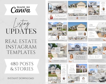 480 post e storie sui social media per il settore immobiliare / Appena messi in vendita, appena venduti, open house e sotto contratto / Marketing per agenti immobiliari / Modelli Canva