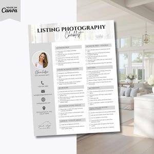 Könnte beinhalten: Eine Checkliste für Immobilienfotografie mit einem Porträt eines Immobilienmaklers und Kontaktinformationen. Die Checkliste umfasst Bereiche für die Außen- und Innenvorbereitung, Wohnräume, Schlafzimmer und letzte Handgriffe.