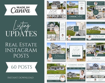 May include: A set of 60 customizable Instagram post templates for real estate agents. The templates feature a green and white color scheme with images of houses and text overlays such as "Just Listed", "Just Sold", and "Under Contract".