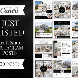 20 Just Listed Social media Posts | Real Estate Instagram Posts | Real Estate Listing Updates | Real Estate Marketing | Black and White