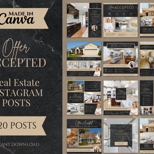 Marble Offer Accepted Real Estate Instagram Templates (Canva, 20 Posts)