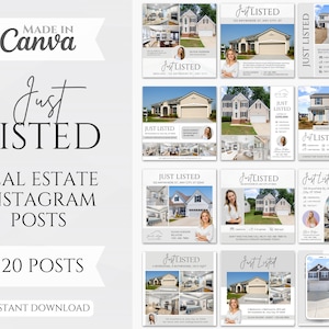 20 Posts de mídia social recém-listados | Posts do Instagram recém-listados | Modelos de postagens imobiliárias | Marketing | Modelos do Canva