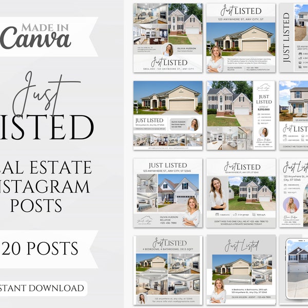 20 Just Listed Social media Posts | Just Listed Instagram Posts | Real Estate Post Templates | Marketing | Canva Templates