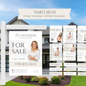 25 Real Estate Yard Signs & 120 Riders | For Sale Sign Template | Beige and White Realtor Branding | Agent Photo Signage | Canva Templates