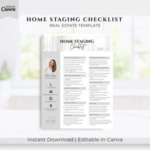 May include: A home staging checklist template with the text "HOME STAGING CHECKLIST" and "REAL ESTATE TEMPLATE". The checklist includes sections for curb appeal, interior, and staging. The words "Instant Download | Editable in Canva" are at the bottom.