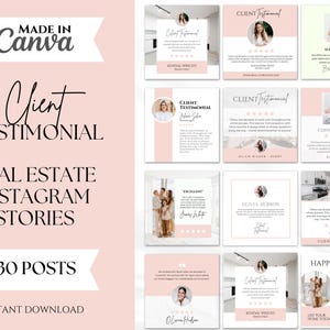 30 Pink Klient Testimonial Instagram Posts | Grundbesitz Social Media Posts | Kundenmeinungen | Makler | Canva Vorlagen