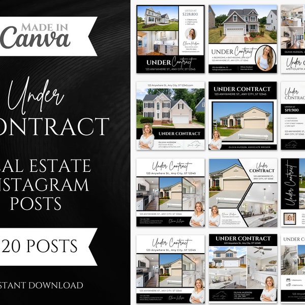 20 Under Contract Social media Posts | Realtor Instagram Post templates | Under contract posts | Real Estate Marketing | Black and White