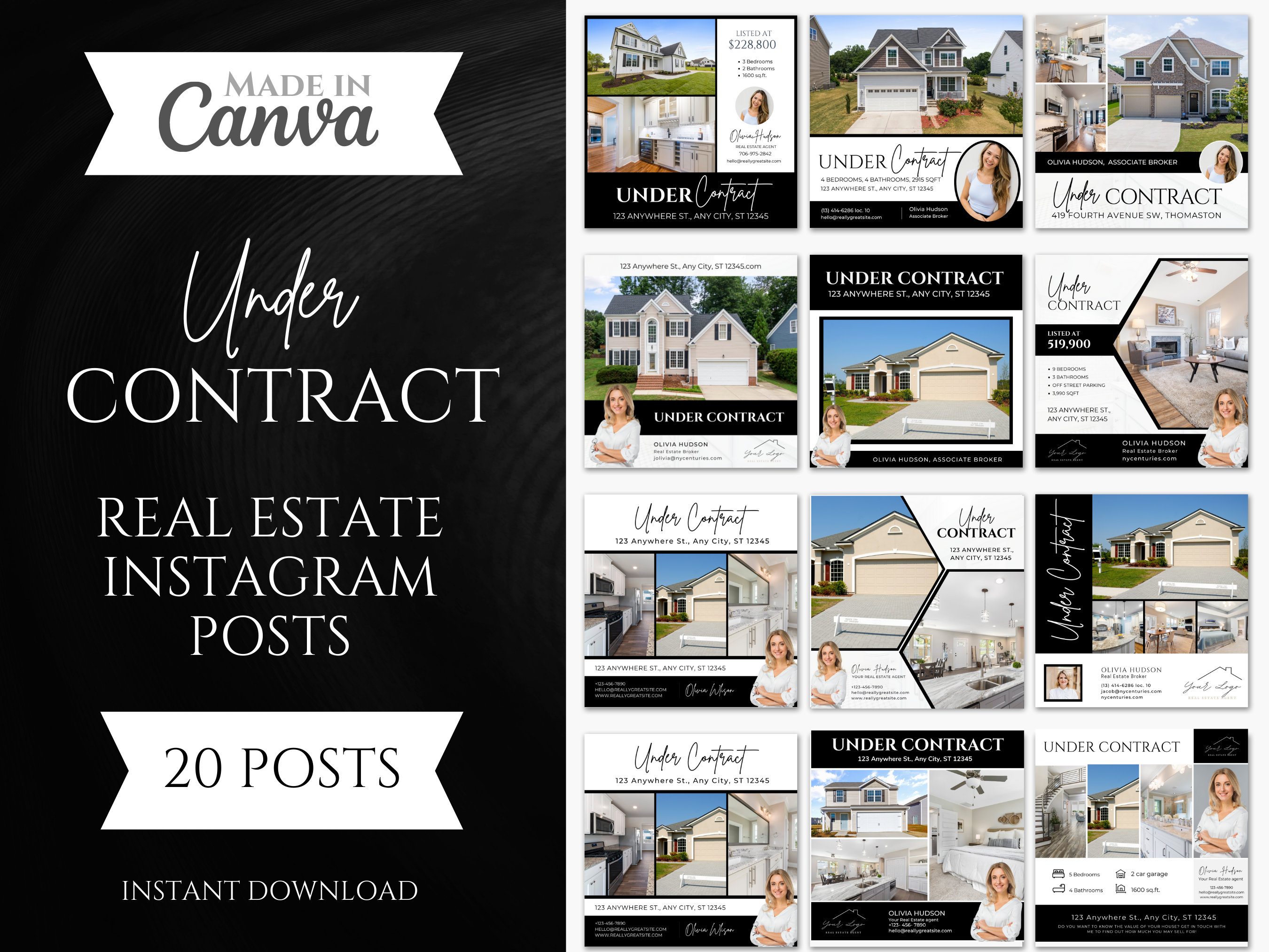 20 Under Contract Social media Posts | Realtor Instagram Post templates | Under contract posts | Real Estate Marketing | Black and White