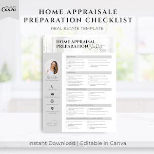 May include: A home appraisal preparation checklist template with the text "HOME APPRAISAL PREPARATION CHECKLIST" in black. The template includes sections for exterior, interior, functional systems, curb appeal, and property information. The words "Instant Download | Editable in Canva" are at the bottom.