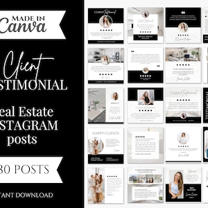 80 Postagens de depoimentos de clientes no Instagram | Marketing imobiliário | Postagens de mídia social imobiliária | Modelo de avaliações de clientes | Preto e branco