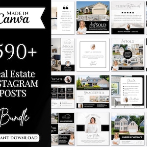 590 Real Estate Instagram Posts Bundle | Realtor Instagram Templates | Real Estate Social Media Posts | Realtor Marketing | Black And White