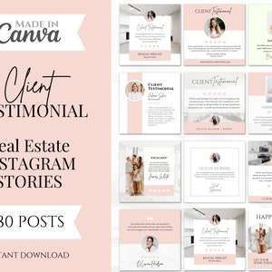 80 Pink Klient Testimonial Instagram Posts | Makler | Realtor Social Media Beiträge | Kundenrezensionen Vorlage | Canva Vorlagen