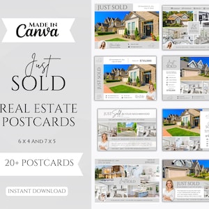 Op de afbeelding: Een verzameling vastgoedpostkaarten met de tekst "Just Sold" en "Real Estate Postcards". De postkaarten tonen afbeeldingen van huizen en bevatten de tekst "Instant Download". De postkaarten zijn verkrijgbaar in de formaten 6x4 en 7x5.
