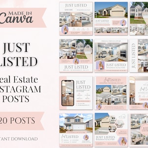 Pink Real Estate Instagram Post Templates: Just Listed, Canva (Digital Download)