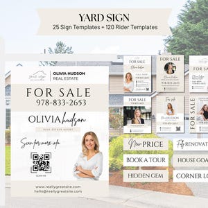 Puede incluir: Una plantilla de letrero de jardín con el texto "YARD SIGN" y "25 Sign Templates + 120 Rider Templates". El letrero presenta plantillas de "EN VENTA" con la foto y la información de contacto de un agente inmobiliario. Las plantillas adicionales incluyen "NUEVO PRECIO" y "RENOVADO".