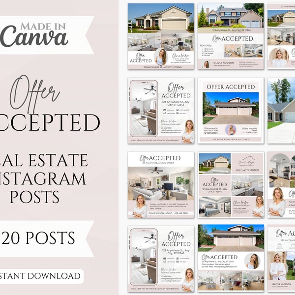 20 Offer Accepted Social media Posts | Realtor Instagram Post templates | Under contract posts | Real Estate Marketing | Canva Templates