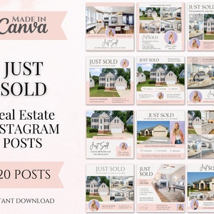 20 publicaciones rosadas recién vendidas en redes sociales / Plantillas de publicaciones de Instagram de bienes raíces / Publicaciones recién vendidas / Marketing inmobiliario / Plantillas Canva
