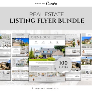 100 vastgoedflyersjablonen: open dag, zojuist vermeld, zojuist verkocht (canva, direct downloaden)