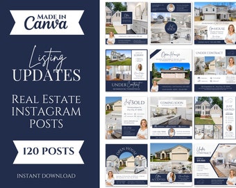 60 Blue Real Estate Social Media Listing Update Posts | Instagram Posts | Real Estate Marketing | Luxury Real Estate | Canva Templates